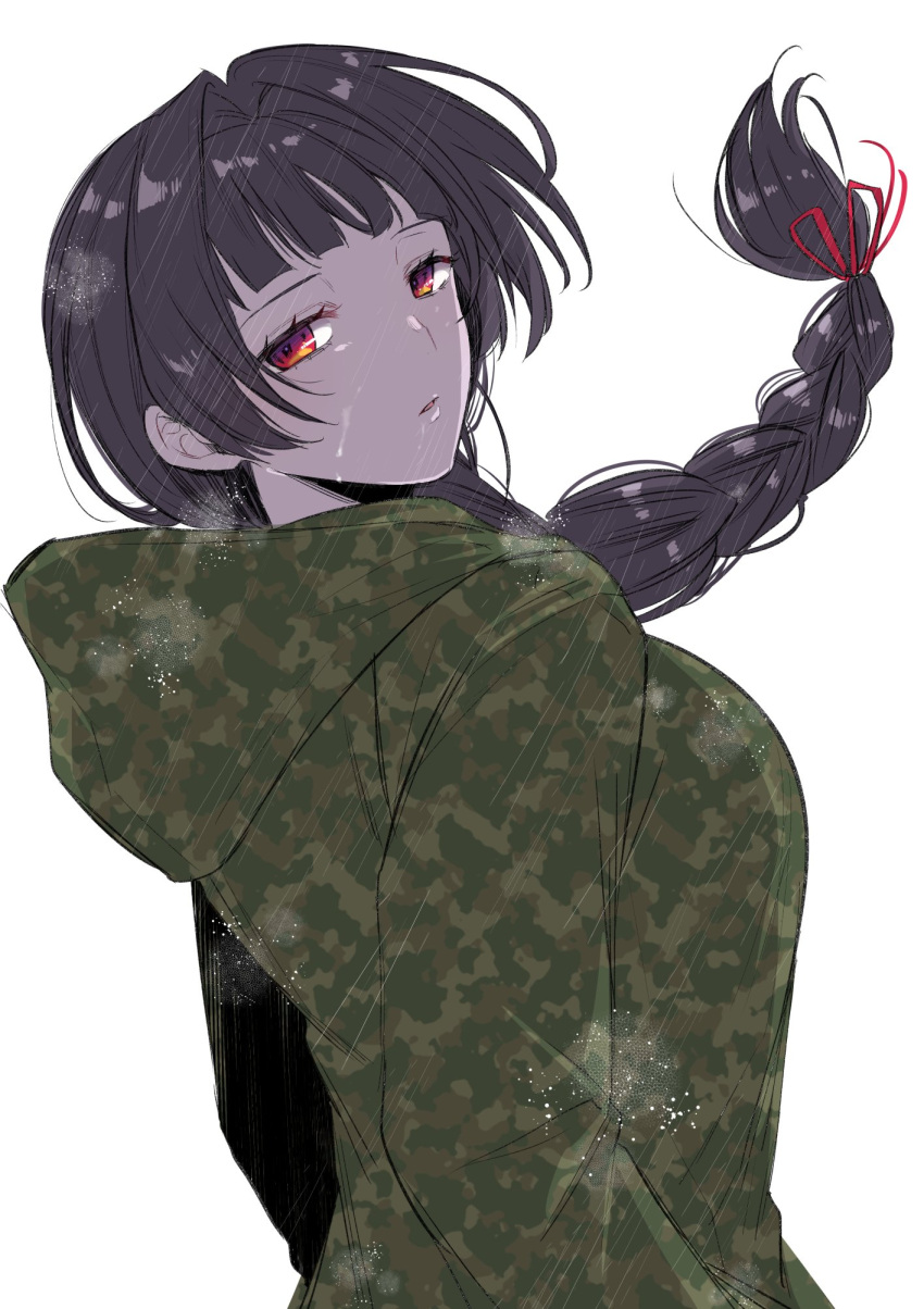 1girl, braid, coat, commentary, empty_eyes, from_side, green_coat, hair_intakes, hair_ribbon, highres, kurose_tokiko, long_hair, looking_at_viewer, looking_to_the_side, masuda_chihiro, red_eyes, red_ribbon, ribbon, simple_background, solo, white_background, zombie_no_afureta_sekai_de_ore_dake_ga_osowarenai