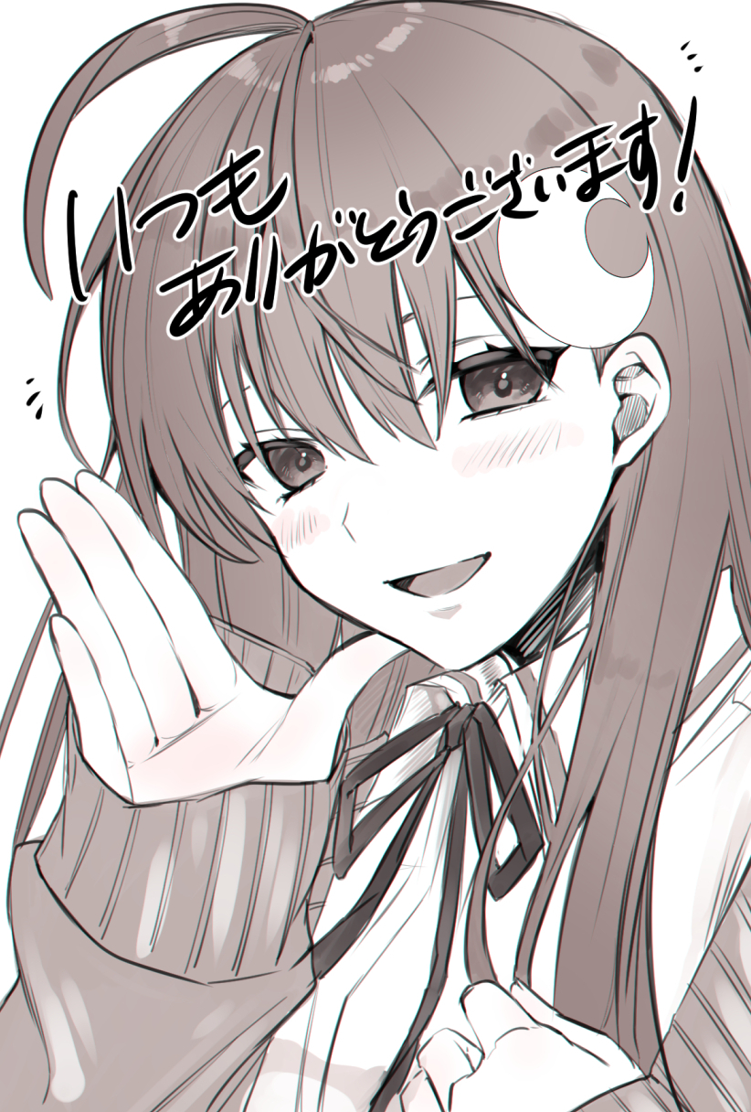 1girl, ahoge, blush, commentary_request, crescent, crescent_hair_ornament, fujino_mitsuki, greyscale