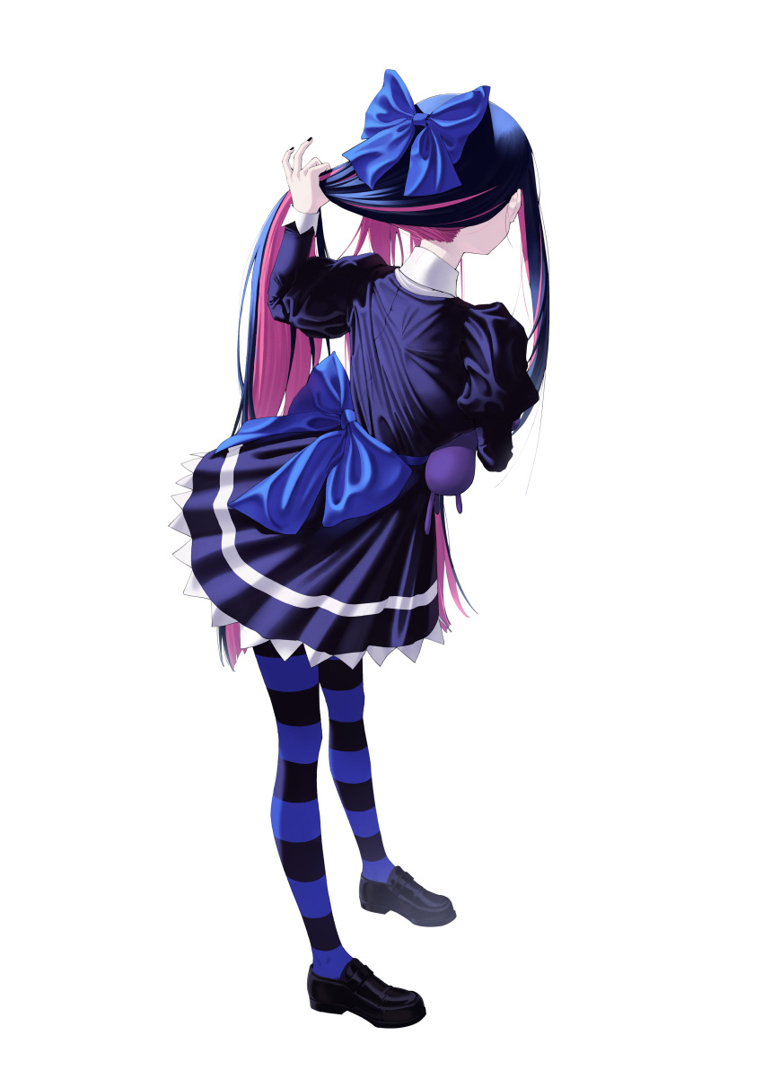 absurdres, back_bow, black_dress, black_hair, black_shoes, blue_bow, bow, co_duck, colored_inner_hair, commentary, dress, hair_bow, hand_up, highres, juliet_sleeves, long_hair, long_sleeves, multicolored_hair, nape, panty_&amp;_stocking_with_garterbelt, pink_hair, presenting, puffy_sleeves, shoes, simple_background, stocking_(psg), striped_clothes, striped_thighhighs, thigh-highs, very_long_hair, white_background