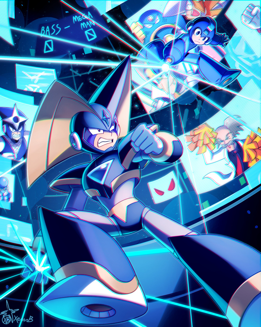 6+boys, absurdres, air_man, arm_cannon, armor, battle, black_armor, black_helmet