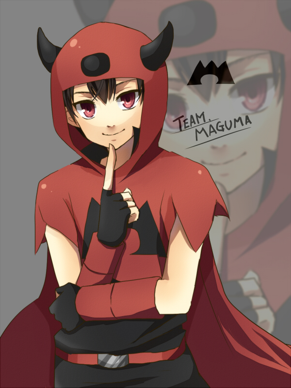 alternate_costume, black_hair, cape, crossed_arms, engrish, fingerless_gloves, gloves, hood