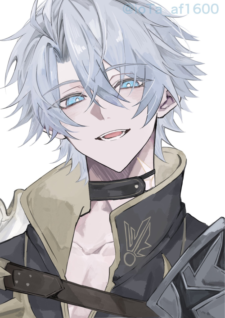 1boy, antenna_hair, armor, black_choker, black_shirt, blue_eyes, choker, coat