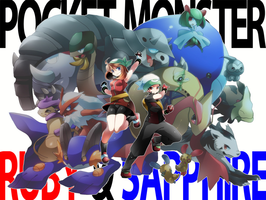 1boy, 1girl, aggron, ahoge, alternate_color, alternate_costume, backpack, bag