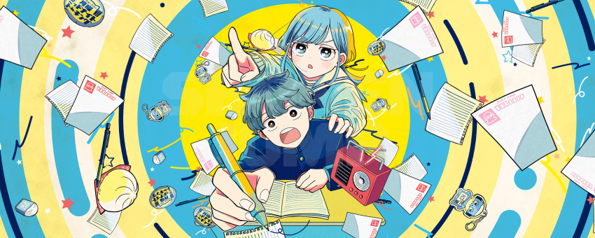 1boy, 1girl, :o, badge, book, button_badge, charm_(object), food, fukumori_mimei, gakuran, hand_on_another's_shoulder, highres, mizuo_kurage, official_art, open_book, paper, pen, pointing, radio, school_uniform, short_hair, someone_hertz, steamed_bun, writing, yamano_ei