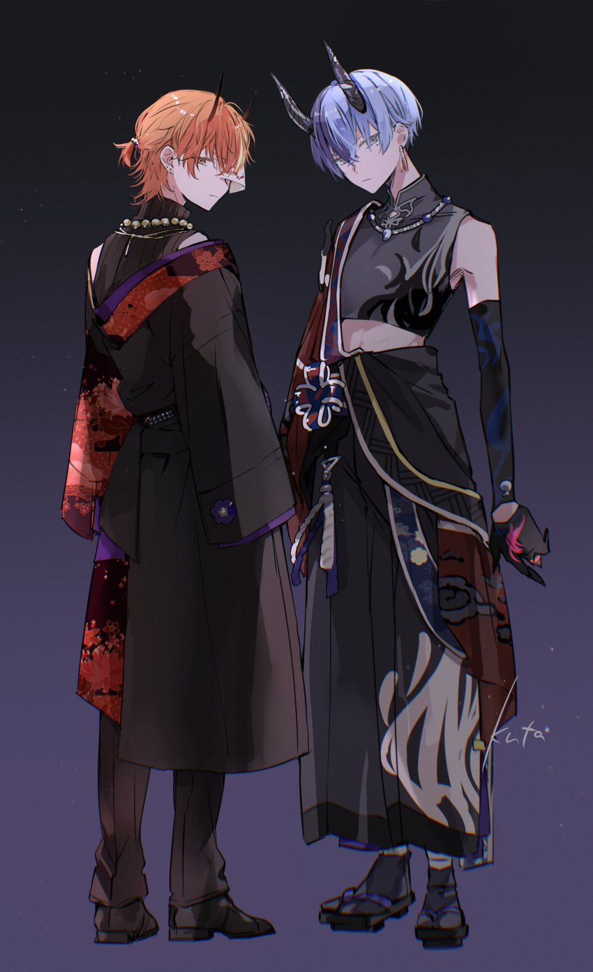 2boys, absurdres, aoyagi_touya, artist_name, bead_necklace, beads, black_gloves, black_shoes