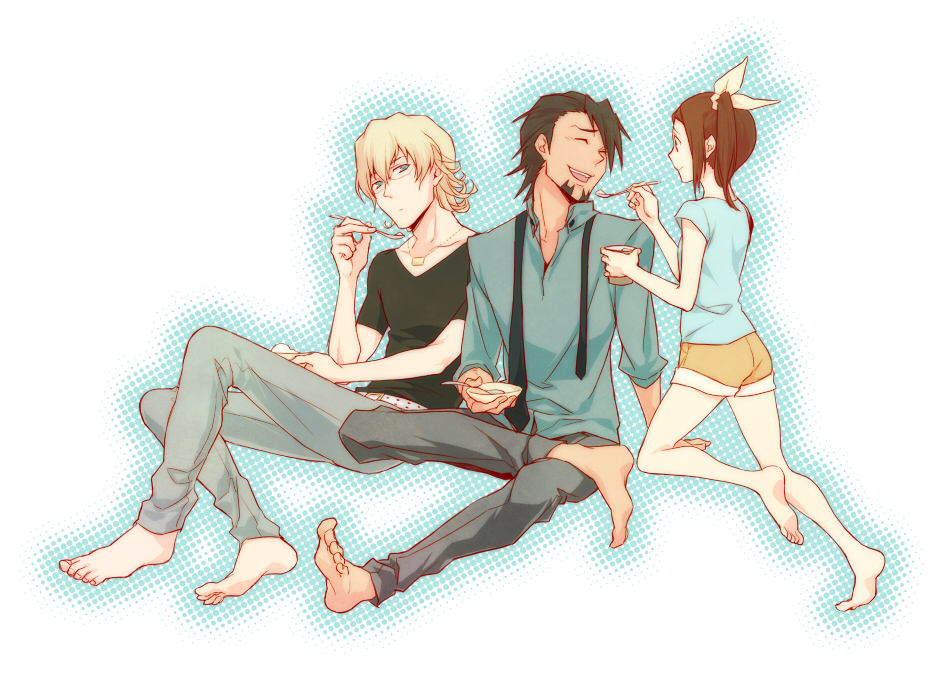 age_difference, bad_id, barefoot, barnaby_brooks_jr, belt, blonde_hair, blue_eyes, brown_eyes