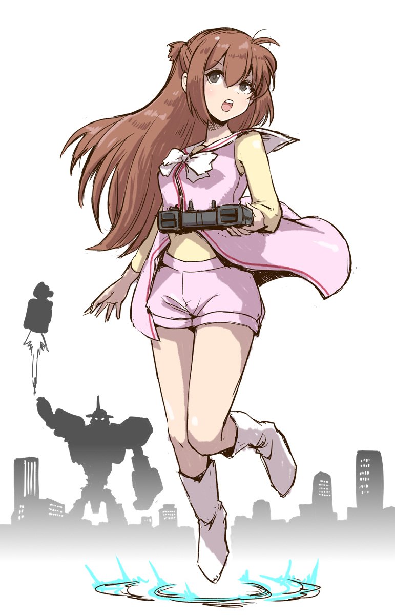1girl, black_eyes, boots, border, brown_hair, controller, eyed_silhouette, floating, gigantic_drive, hair_between_eyes, half_updo, highres, holding, holding_controller, jacket, long_hair, mecha, open_clothes, open_jacket, open_mouth, pink_jacket, pink_shorts, robot, rocket_punch, satomura_kyou, shirt, short_shorts, shorts, silhouette, skyline, standing, super_robot, teeth, tsukioka_yui_(gigantic_drive), upper_teeth_only, vertical_fortress_vavel, white_boots, white_border, yellow_shirt