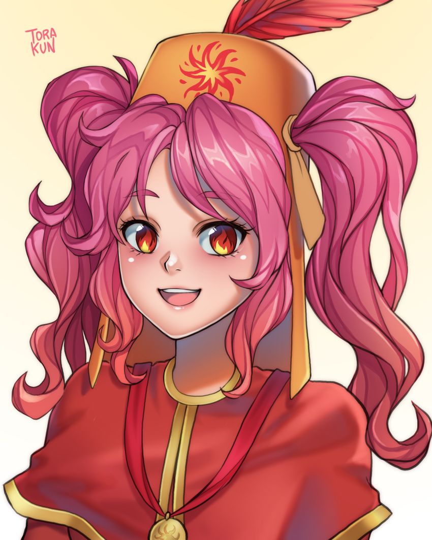 1girl, absurdres, capelet, dominions, fez_hat, flame-shaped_pupils, gold_trim, gradient_background