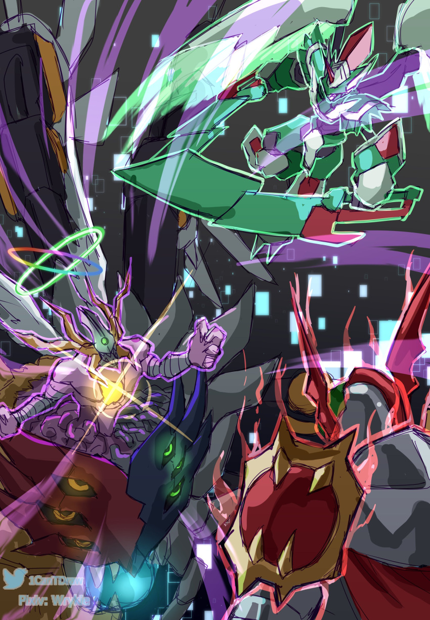 absurdres, armor, battle, cape, chest_jewel, commentary, digimon, digimon_(creature)