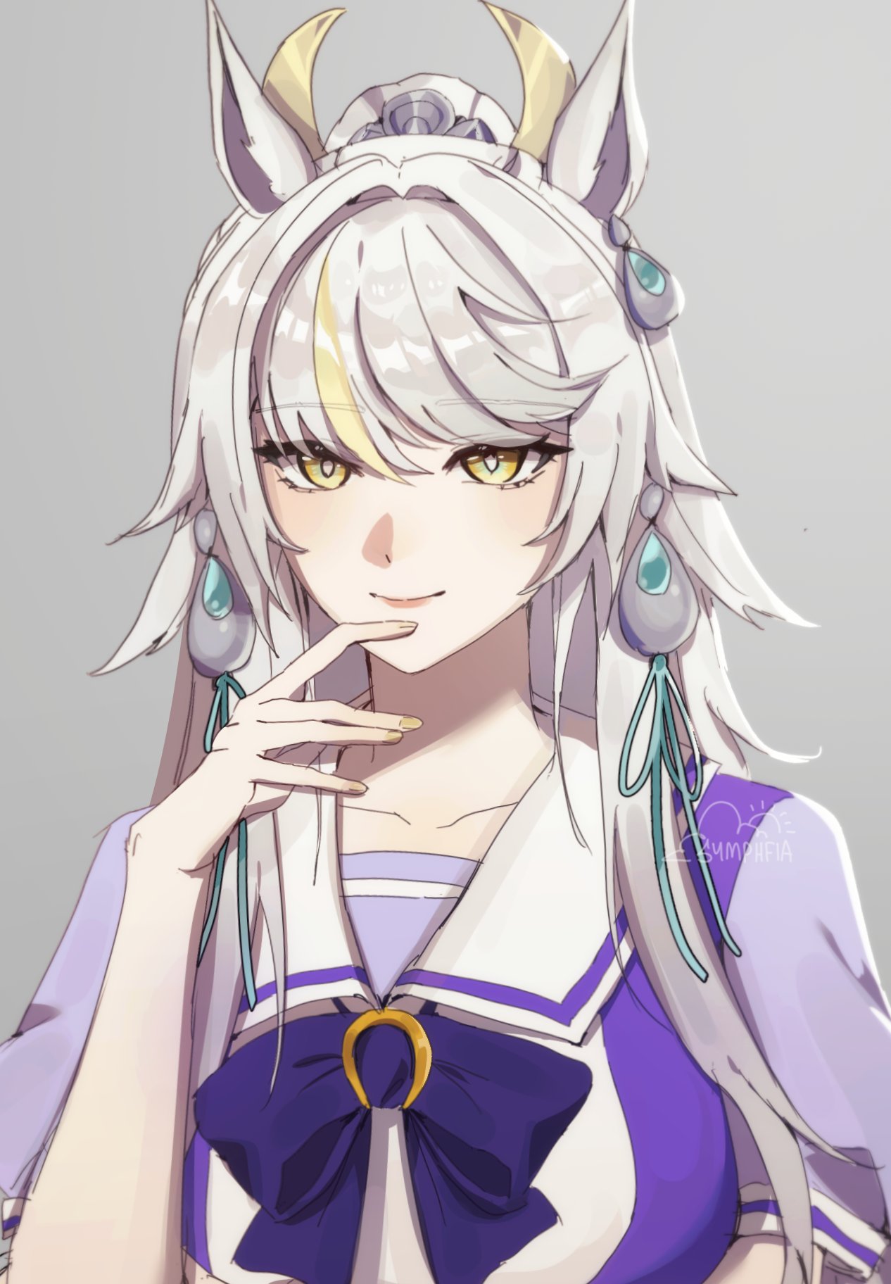 1girl, animal_ears, artist_logo, bow, bowtie, breasts, closed_mouth, commentary, cosplay, english_commentary, genshin_impact, grey_background, grey_hair, hair_ornament, hand_up, highres, horse_ears, horse_girl, kemonomimi_mode, logo, long_hair, looking_at_viewer, multicolored_hair, nail_polish, purple_bow, purple_bowtie, purple_shirt, sailor_collar, school_uniform, serafuku, shirt, short_sleeves, simple_background, smile, solo, streaked_hair, summer_uniform, symphxia, tracen_school_uniform, umamusume, upper_body, white_sailor_collar, yellow_eyes, yellow_nails, zibai_(genshin_impact)