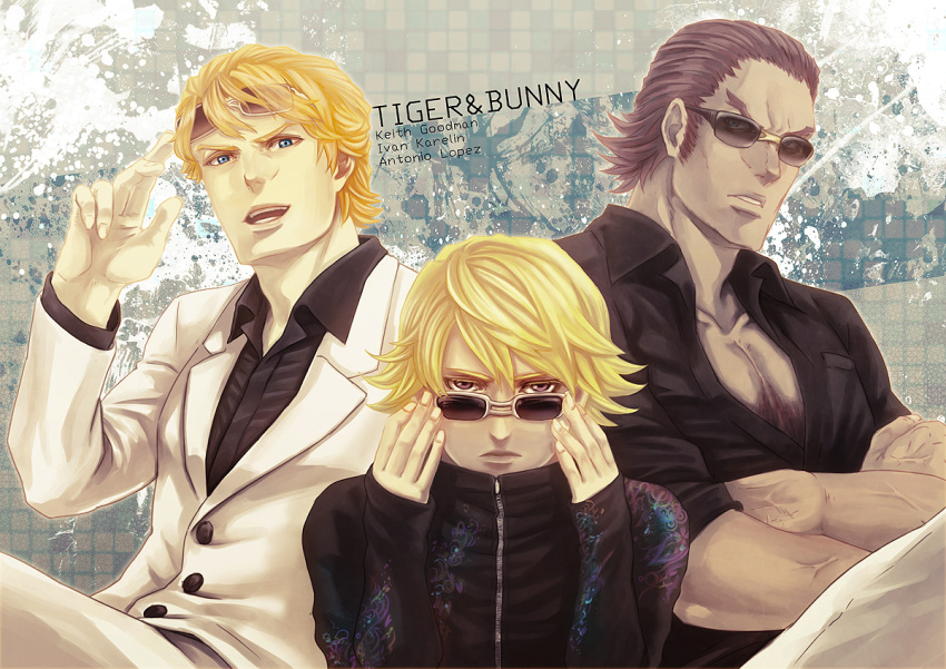 3boys, antonio_lopez, blonde_hair, blue_eyes, brown_hair, chest_hair, crossed_arms, dark_skin