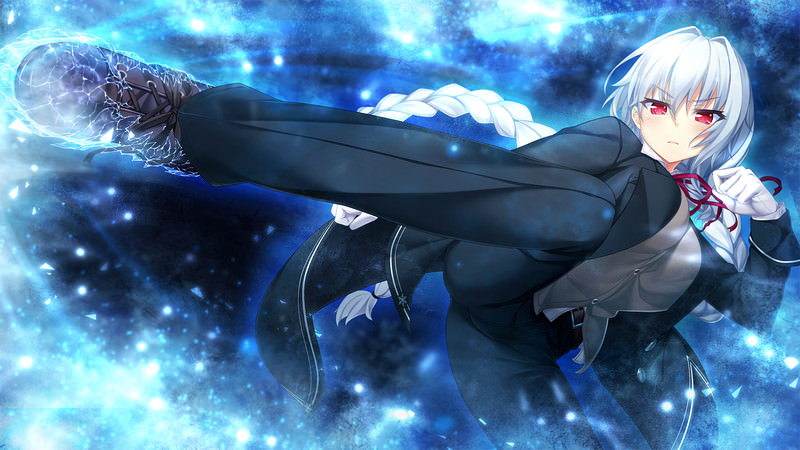 1girl, belt, belt_buckle, black_jacket, black_suit, braid, braided_ponytail, breasts, brown_belt, buckle, closed_mouth, gloves, grey_hair, hair_intakes, jacket, kicking, large_breasts, long_hair, long_sleeves, looking_at_viewer, noel_the_nextseason, nora_to_oujo_to_noraneko_heart, official_art, oozora_itsuki, red_eyes, solo, suit, white_gloves