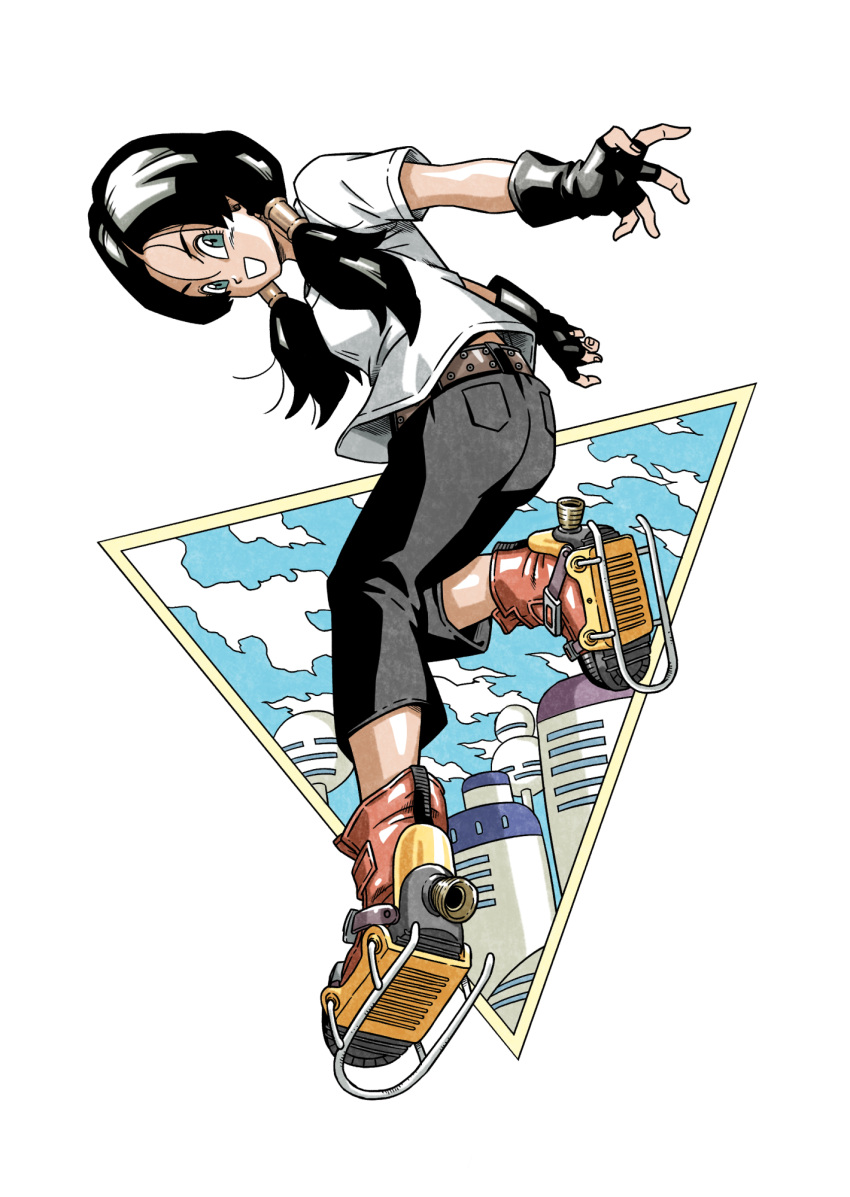 1girl, :d, aqua_eyes, belt, black_gloves, black_hair, black_pants, blue_sky