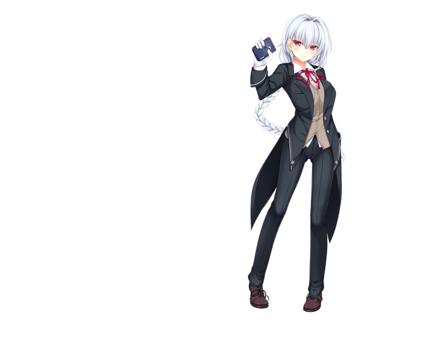 1girl, black_jacket, black_pants, black_suit, blush, breasts, brown_shoes, closed_mouth, collared_shirt, frown, full_body, gloves, hair_between_eyes, hair_intakes, hand_up, highres, jacket, large_breasts, long_sleeves, looking_at_viewer, neck_ribbon, noel_the_nextseason, nora_to_oujo_to_noraneko_heart, official_art, oozora_itsuki, open_clothes, open_jacket, pants, red_ribbon, ribbon, shirt, shoes, simple_background, solo, standing, suit, tachi-e, transparent_background, white_gloves, white_shirt, wing_collar
