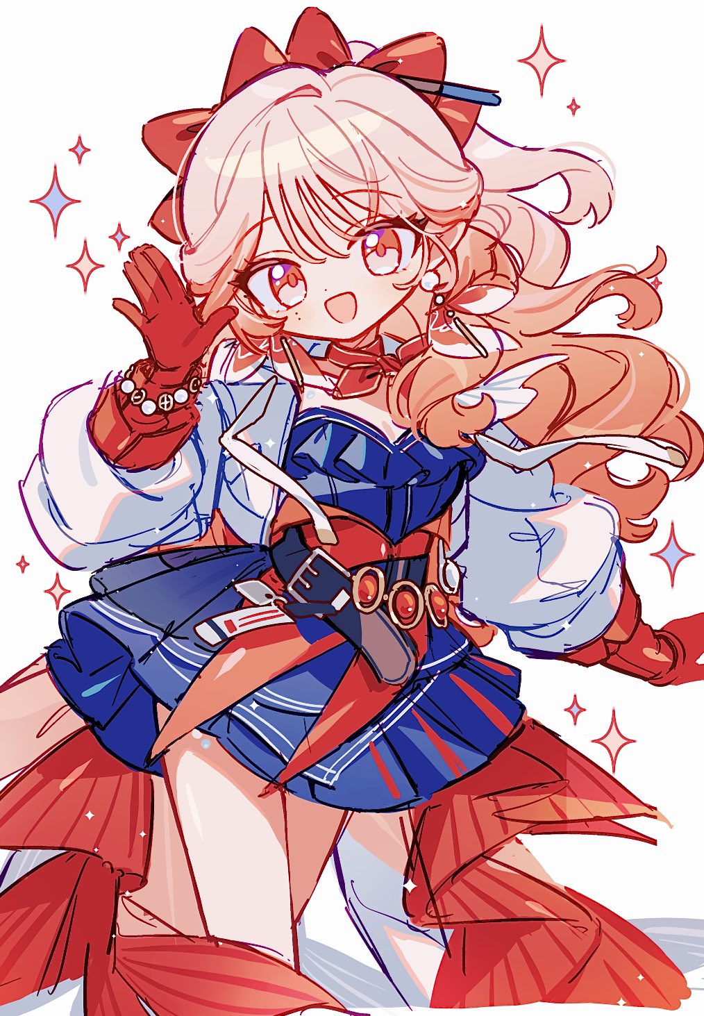 1girl, arknights, belt, blue_dress, bow, commentary_request, dress, earrings