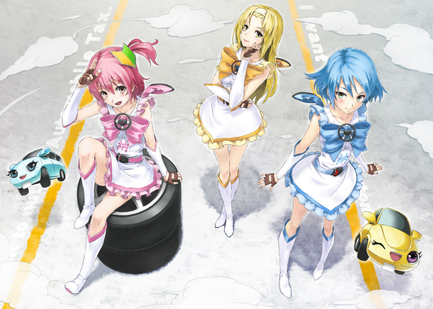 blonde_hair, blue_hair, boots, drill_hair, fingerless_gloves, fukukitaru, gloves, jidoushazei_wo_osametai