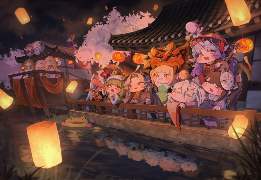 6+girls, absurdres, ahoge, aya_(trickcal), blonde_hair, blue_eyes, blue_hair, brown_eyes, brown_hair, chibi, chibi_only, commentary_request, daya_(trickcal), demon_girl, demon_horns, demon_wings, different_reflection, epica_(trickcal), erpin_(trickcal), frog, green_eyes, green_hair, grey_hair, grin, heterochromia, highres, horns, japanese_clothes, joanne_(trickcal), kidian_(trickcal), kimono, kommy_(trickcal), korean_commentary, ky_dako, lantern, leone_(trickcal), multiple_girls, new_year, orange_eyes, paper_lantern, pink_eyes, pink_hair, pointy_ears, red_eyes, reflection, scenery, shrine, smile, speaki_(trickcal), star-shaped_pupils, star_(symbol), symbol-shaped_pupils, temple, trickcal, ui_(trickcal), unicorn_girl, unicorn_horn, violet_eyes, vivi_(trickcal), white_hair, wings, xion_(trickcal), yellow_eyes, yumimi_(trickcal)