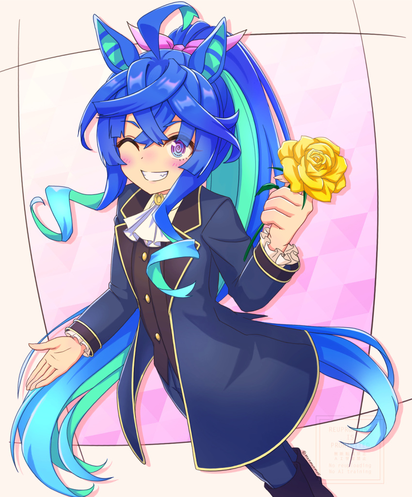 1girl, @_@, ahoge, alternate_costume, alternate_hairstyle, animal_ears, aqua_hair, ascot