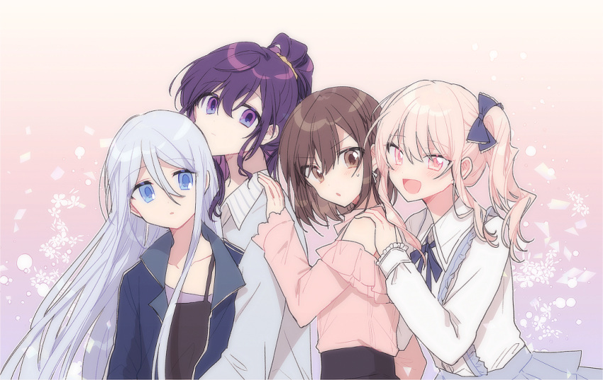 1other, 25-ji_nightcord_de._(project_sekai), 3girls, :d, :o, akiyama_mizuki, annoyed, arm_up
