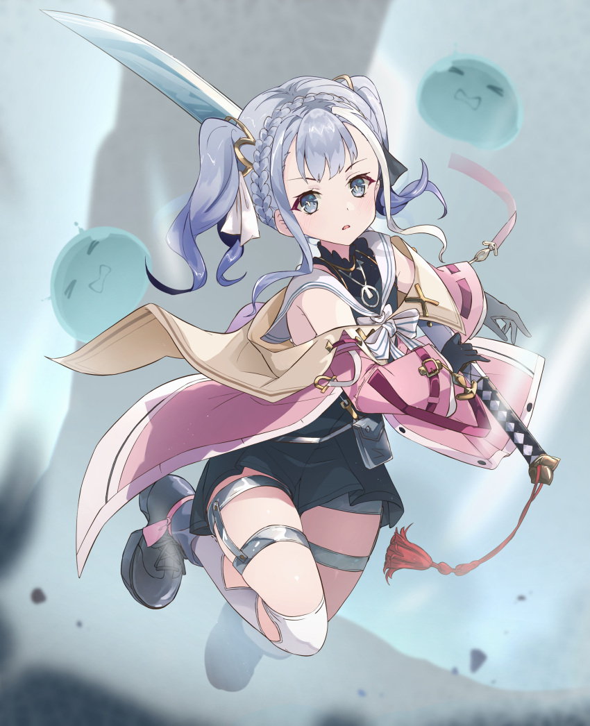 1girl, absurdres, atelier_(series), atelier_ryza, atelier_ryza_1, atelier_ryza_2, braid, highres, hime_cut, holding, holding_sword, holding_weapon, patricia_abelheim, purple_hair, sake-meron, shoes, sword, tassel, thigh-highs, twintails, violet_eyes, weapon, white_thighhighs