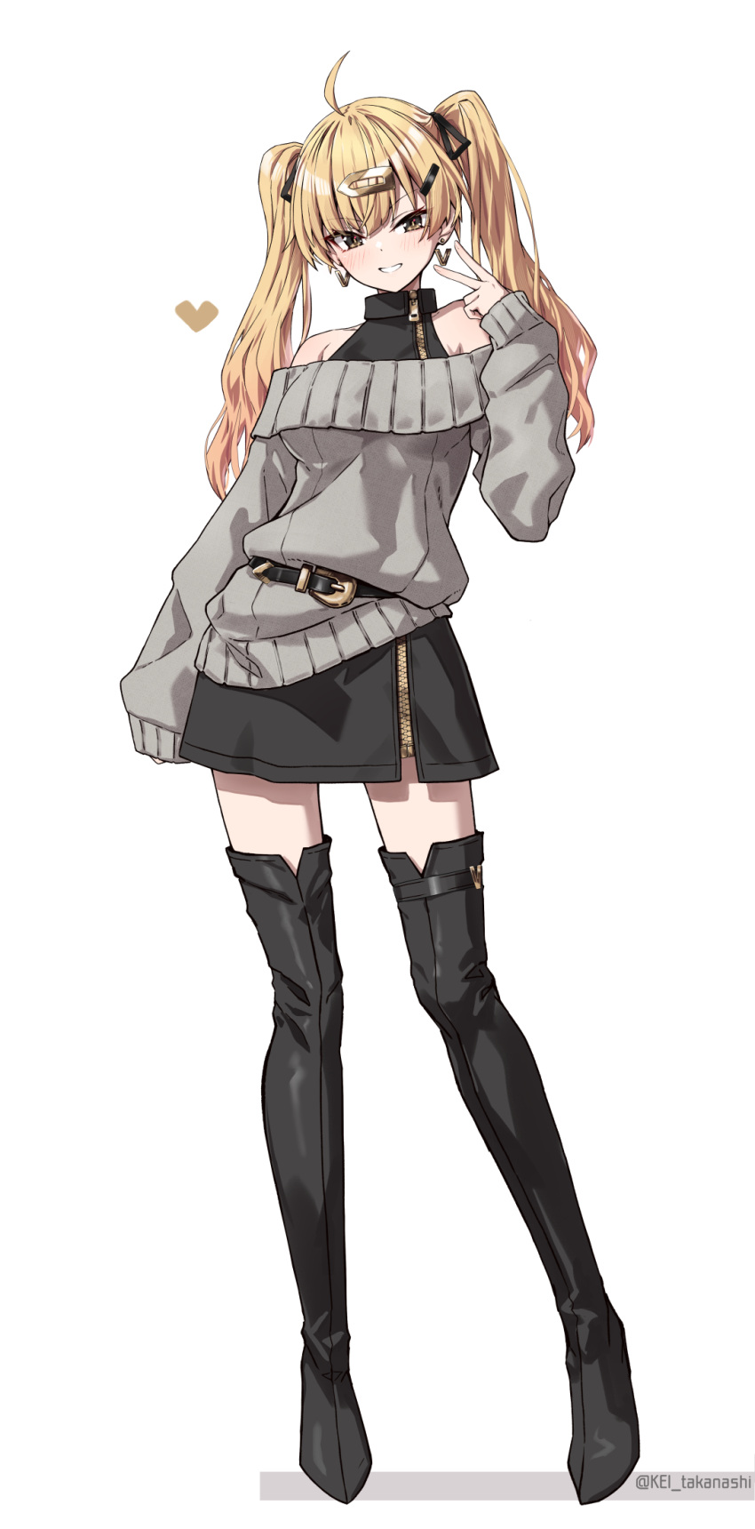 1girl, ahoge, bare_shoulders, belt, black_boots, black_gold_bunny_(takanashi_kei), black_skirt, blonde_hair, boots, brown_eyes, commentary_request, full_body, grey_sweater, hair_ornament, hairclip, heart, highres, letter_earrings, looking_at_viewer, off-shoulder_sweater, off_shoulder, original, simple_background, skirt, smile, solo, standing, sweater, takanashi_kei_(hitsujikan), thigh_boots, twintails, twitter_username, v, white_background, zipper_skirt