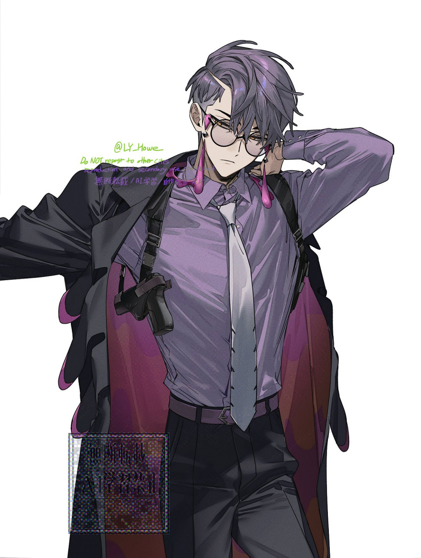 1boy, black-framed_eyewear, black_hair, black_jacket, black_pants, closed_mouth, collared_shirt, corbeau_(pokemon)