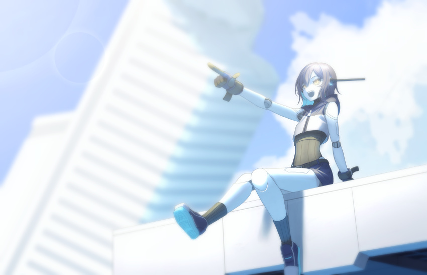 1girl, :d, absurdres, belt, black_gloves, blurry, blurry_background, building, colored_sclera, colored_skin, commentary_request, crop_top, cropped_hoodie, flat_chest, gloves, grey_sclera, highres, hood, hood_down, hoodie, hoshi_shimeji_(yuki-e-toriusu1), joints, mechanical_ears, original, pointing, purple_hair, robot_girl, robot_joints, shoes, short_hair, sitting, skyscraper, smile, sneakers, solo, teeth, upper_teeth_only, white_skin, yellow_eyes, zipper_pull_tab