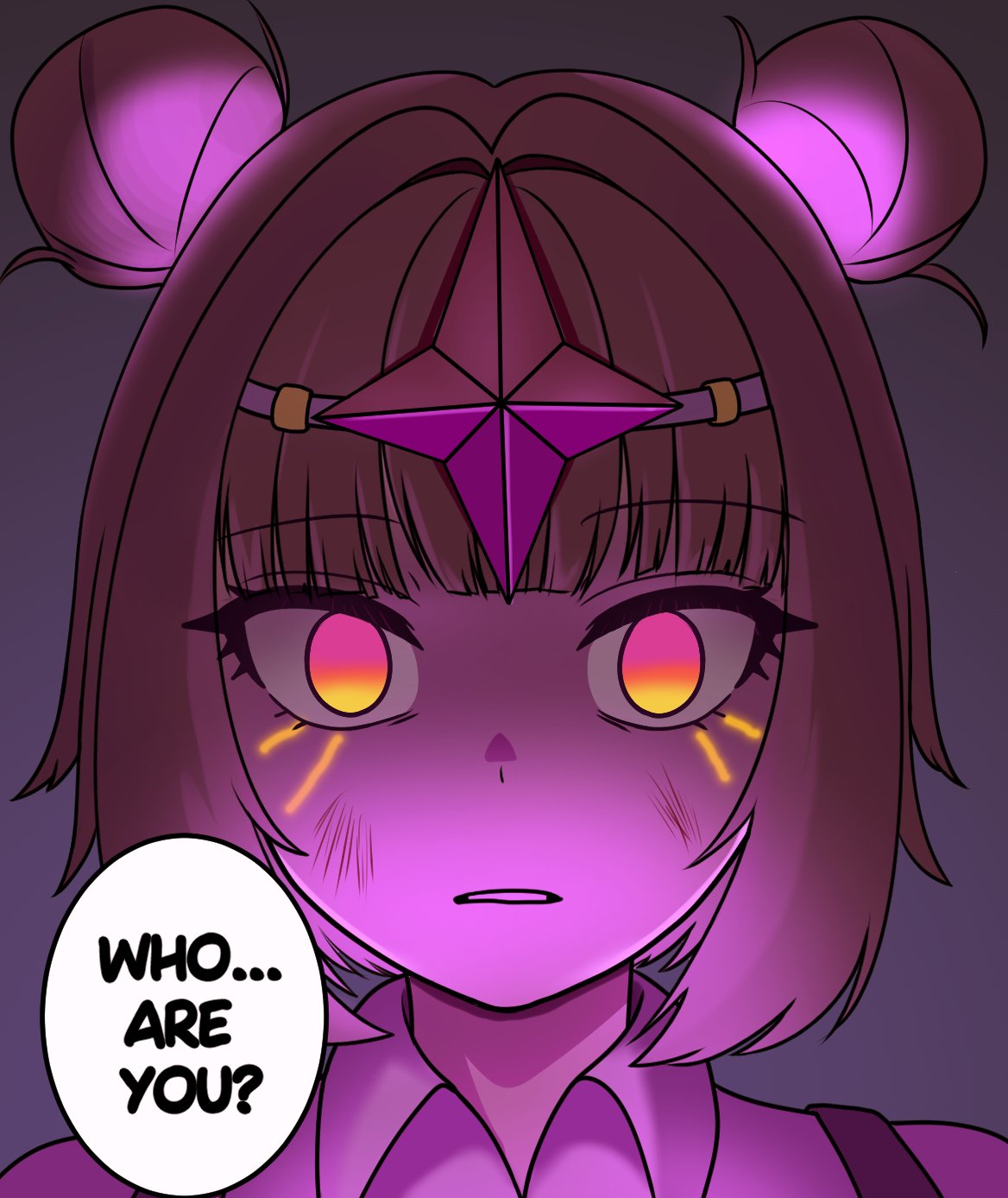 1girl, blunt_bangs, brown_hair, clenched_teeth, collared_shirt, commentary, dodoman0414, double_bun