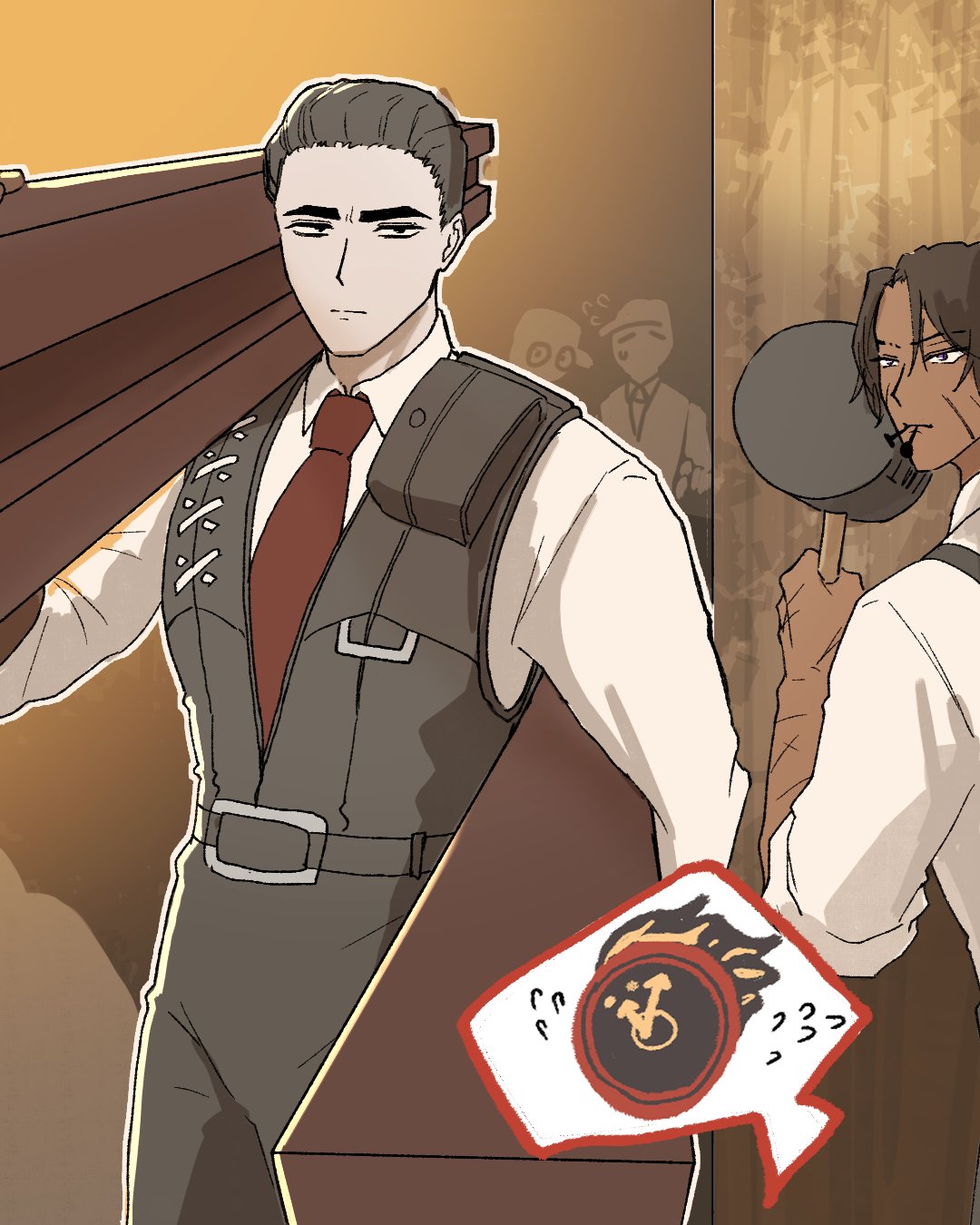 3others, arachnidlegs, belt, black_hair, black_pants, black_vest, brown_hair, clock