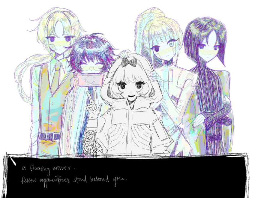 2boys, 3girls, albina_(project_moon), android, black_eyes, black_hair, bow, cable_hair
