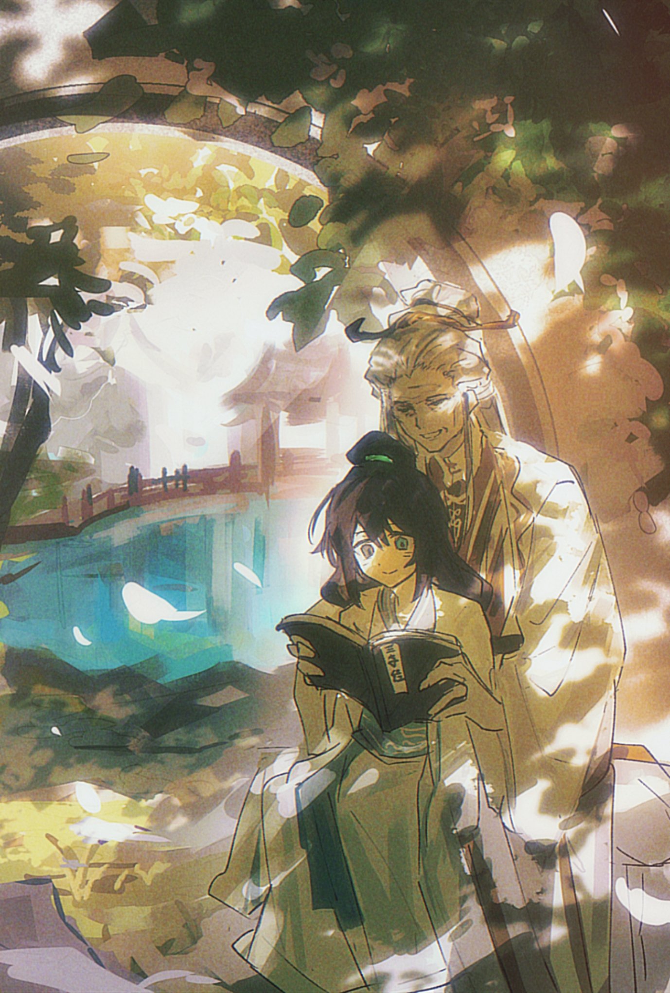 1boy, 1girl, aged_down, aqua_eyes, black_eyes, black_hair, blush, book