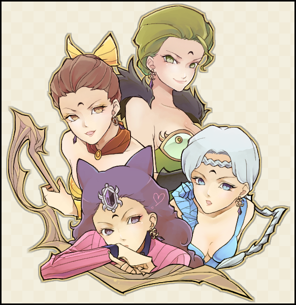 bare_shoulders, beruche, bishoujo_senshi_sailor_moon, black_moon_clan, blue_eyes, blue_hair, braid, brown_eyes, brown_hair, calaveras, crescent_moon, earrings, facial_mark, forehead_mark, gloves, green_eyes, green_hair, hair_bun, hair_ribbon, heart, jewelry, koan, long_hair, moon, multiple_girls, petz, purple_eyes, purple_hair, ribbon, saki_(hxaxcxk), short_hair, violet_eyes