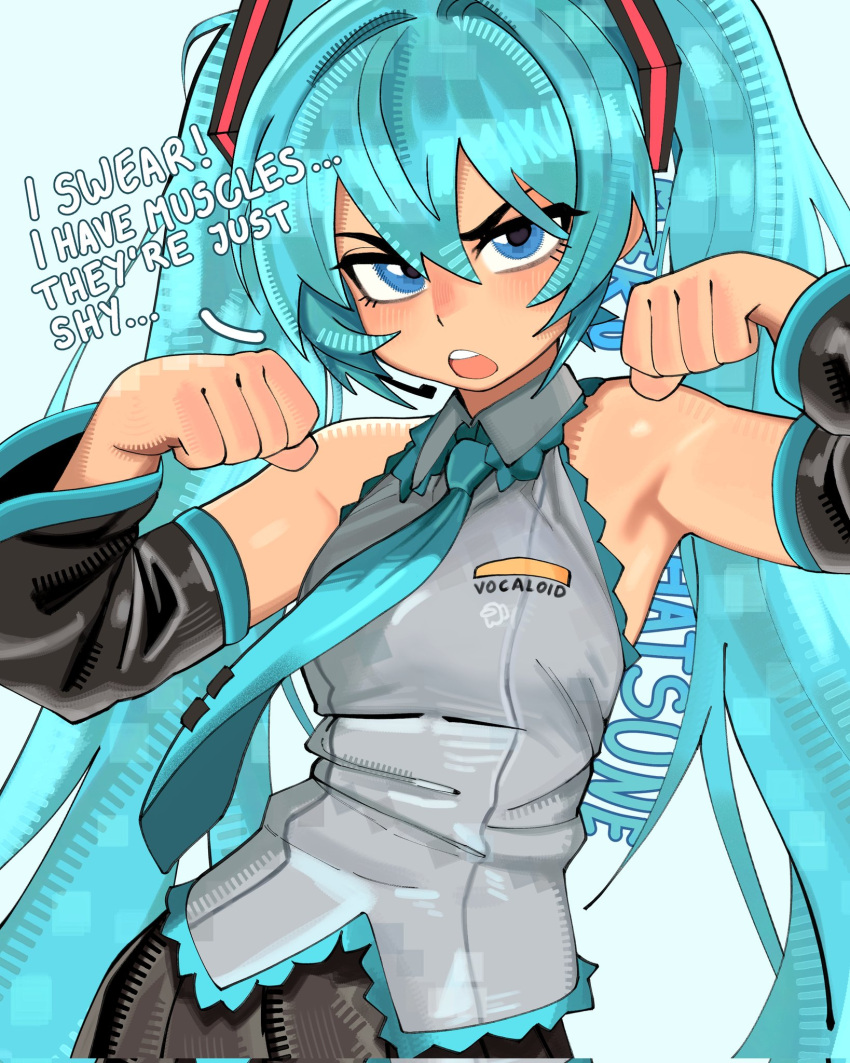 1girl, armpits, black_skirt, black_sleeves, blue_eyes, blue_hair, blue_necktie, breasts