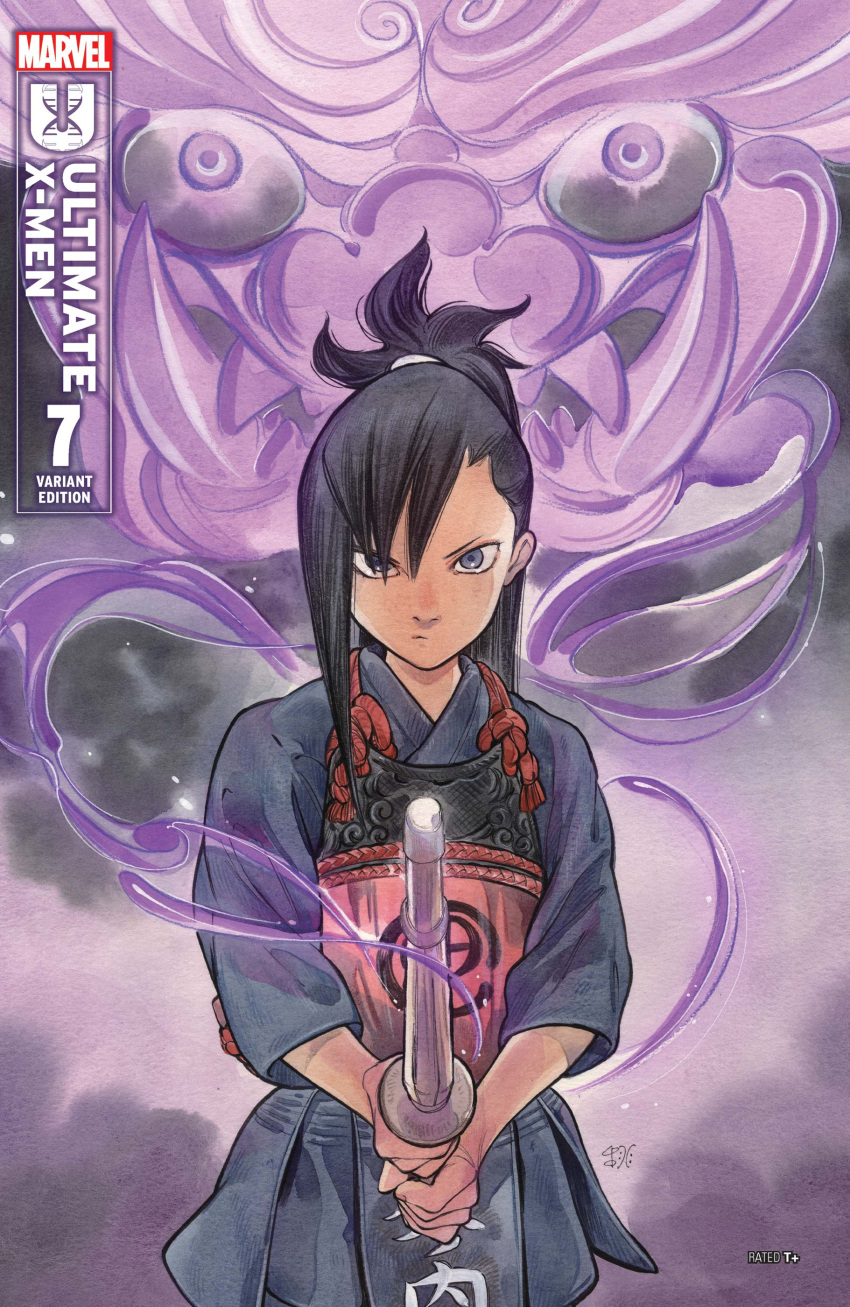 1girl, absurdres, black_hair, bougu, comic_cover, company_name, copyright_logo, copyright_name, cover, cover_page, cowboy_shot, english_text, highres, holding, holding_sword, holding_weapon, japanese_clothes, kanon_sainouchi, kendo, logo, long_hair, looking_at_viewer, marvel, official_art, oni, peach_momoko, ponytail, purple_background, sharp_teeth, shinai, solo, spiky_hair, sword, teeth, uwagi, violet_eyes, weapon, wooden_sword, x-men