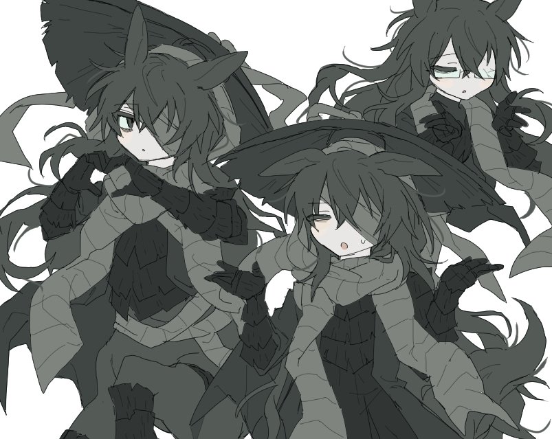 1boy, animal_ears, armor, bandage_over_one_eye, black_armor, black_eyes, black_hair, black_hat, centaur, commentary_request, crack, glasses, grey_scarf, hat, heart, heart_hands, heishou_pack-wu_branch_(identity)_(project_moon), horse_boy, horse_ears, kongekong2, limbus_company, multiple_views, project_moon, scarf, simple_background, taur, umapyoi_densetsu, white_background, yi_sang_(project_moon)