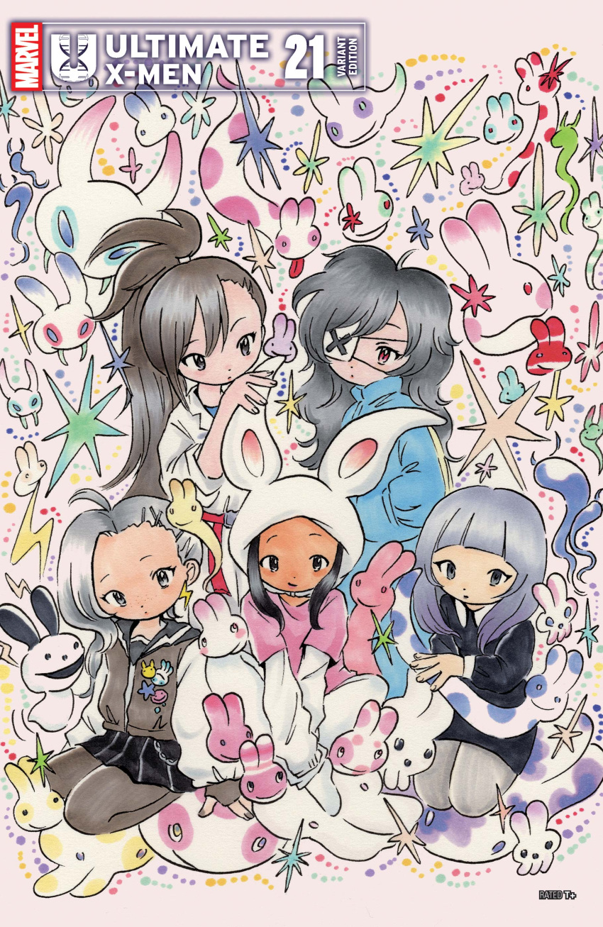 5girls, absurdres, animal_ears, black_eyes, black_hair, black_skirt, blue_track_suit, blunt_bangs