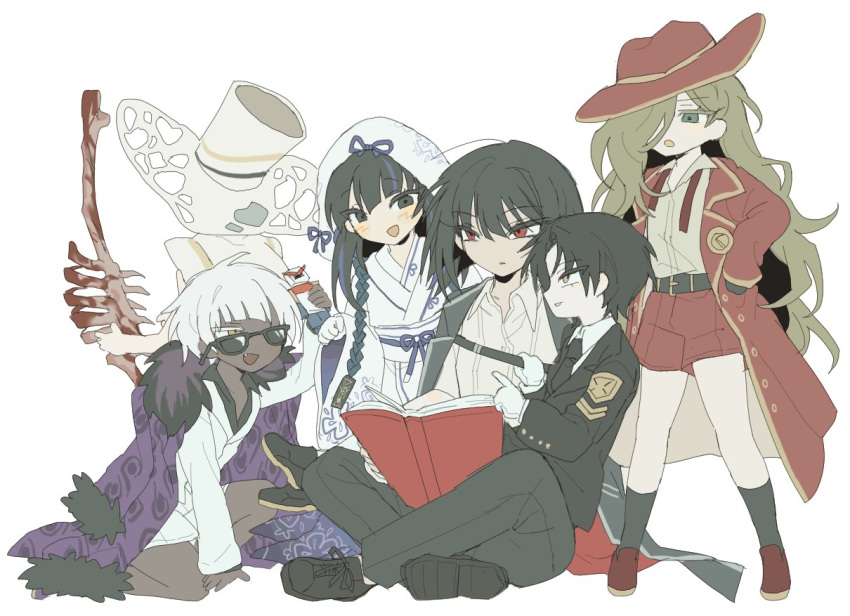 3boys, 3girls, aged_down, araya_(project_moon), black_eyes, black_hair, book, brown_hair