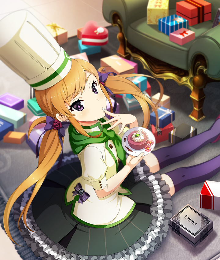 1girl, bow, bow_flower, box, buttons, chair, chef_hat, earclip