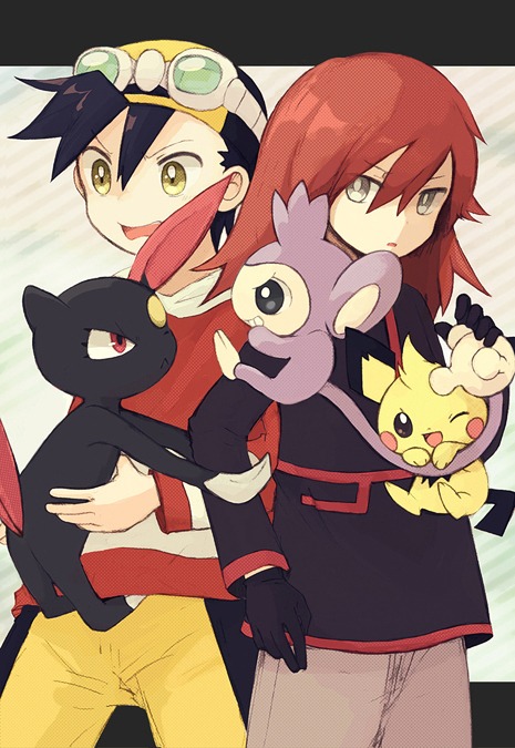 2boys, aipom, back-to-back, backwards_hat, baseball_cap, black_hair, coroof, gloves, goggles, gold_(pokemon), grey_eyes, hair_between_eyes, hairy_pichu, hat, long_hair, long_sleeves, multiple_boys, pichu, pokemon, pokemon_(creature), pokemon_gold_and_silver, pokemon_gsc, pokemon_special, red_eyes, shirt, short_hair, shorts, silver_(pokemon), standing, yellow_eyes