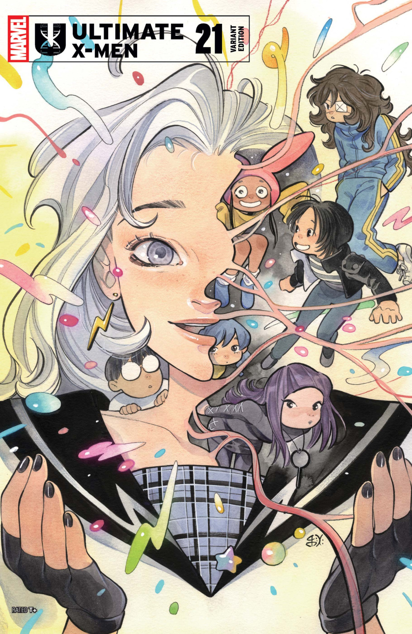 1boy, 6+girls, :d, absurdres, ashida_noriko, black_dress, black_gloves, black_hair
