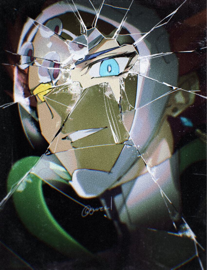 1boy, blue_eyes, broken_glass, close-up, commentary, glass, highres, kogami_ryoken