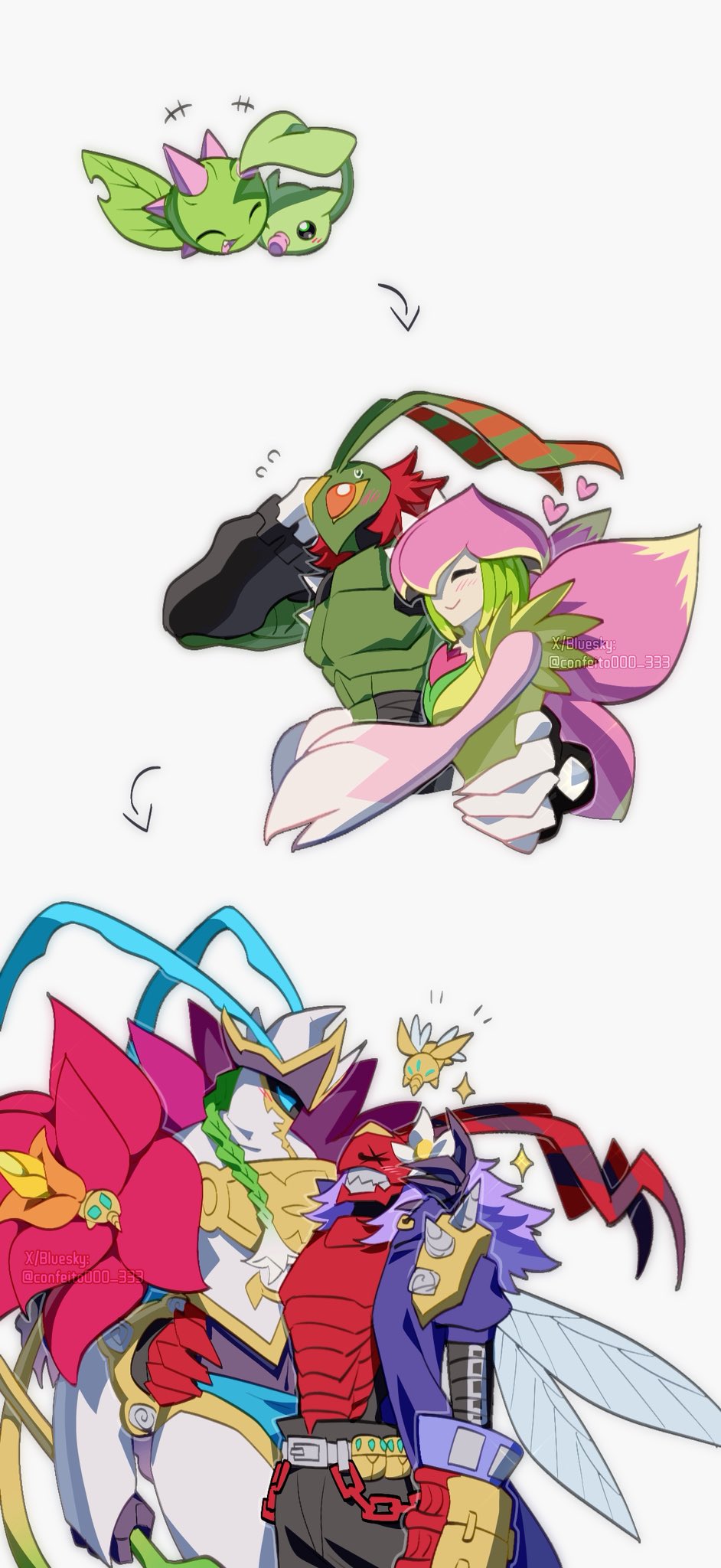 1boy, 1girl, armor, banchostingmon, black_coat, bloomlordmon, budmon, coat