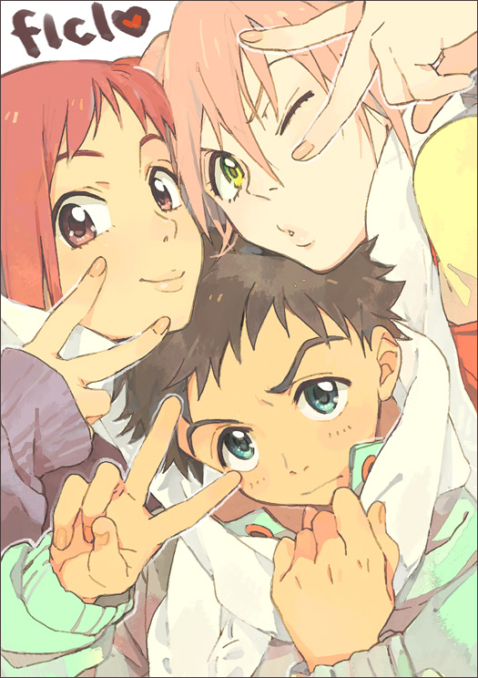 black_hair, blue_eyes, brown_eyes, flcl, green_eyes, haruhara_haruko, heart, lips