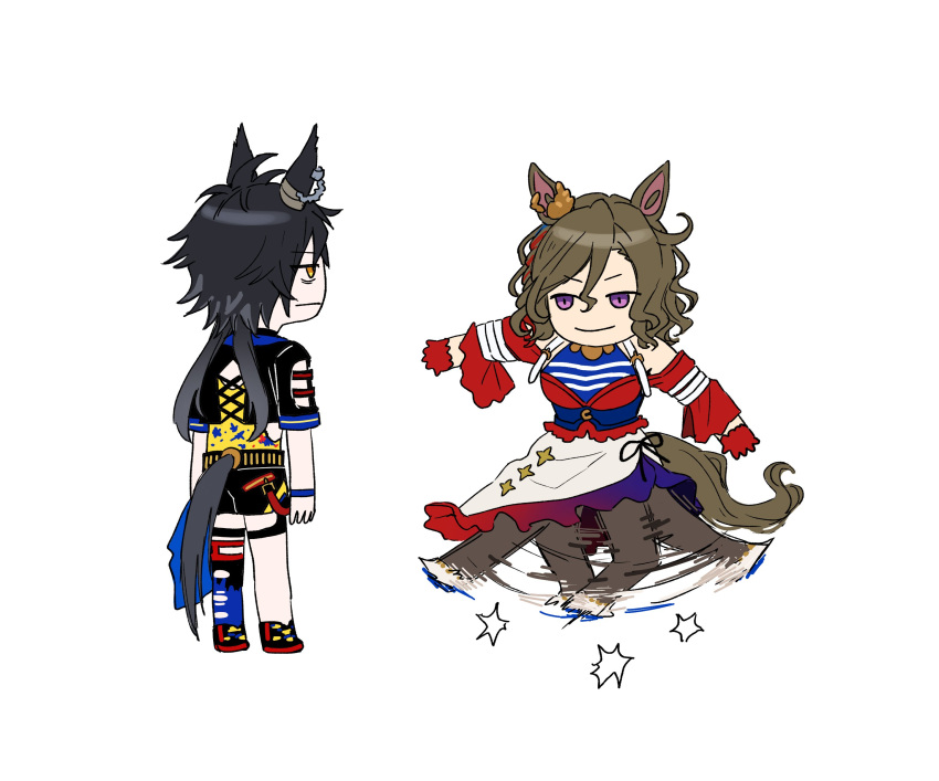 2girls, ^^^, absurdres, afterimage, air_shakur_(umamusume), air_shakur_(unsigned)_(umamusume), animal_ear_piercing, animal_ears