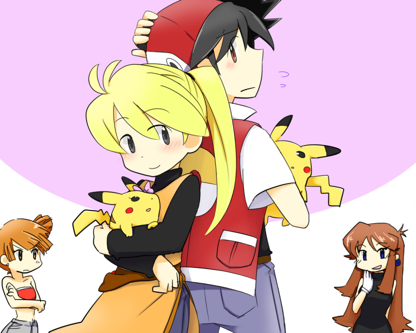 1boy, 3girls, baseball_cap, blonde_hair, blue_(pokemon), blue_eyes, blush, bow