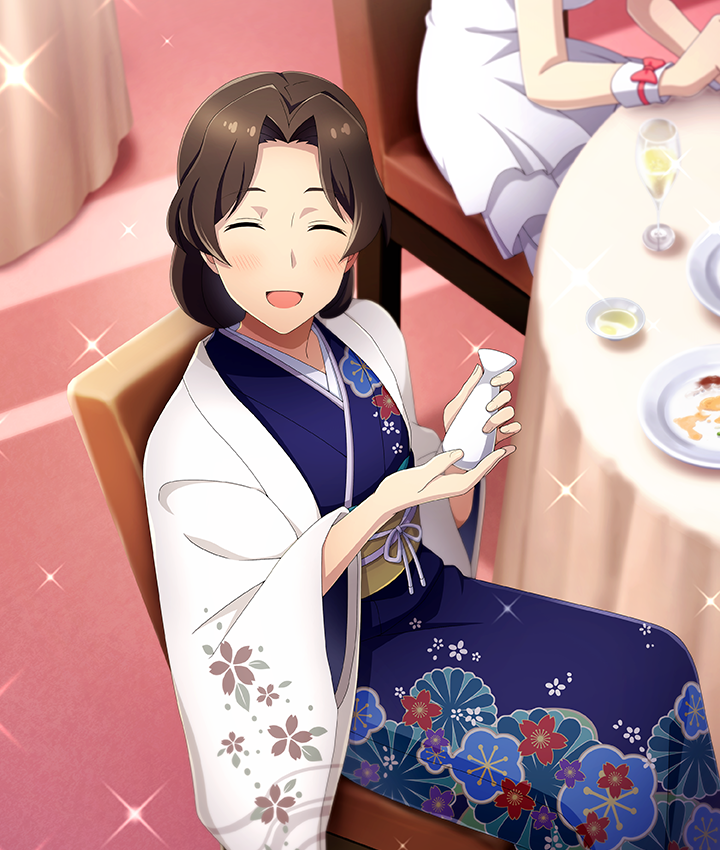 2girls, alcohol, blue_kimono, blush, bottle, bow, brown_hair, chair, champagne, champagne_flute, cup, dress, drinking_glass, facing_viewer, floral_print, floral_print_kimono, forehead, from_above, game_cg, gojou_iroha, hands_up, haori, holding, holding_bottle, indoors, japanese_clothes, kimono, mature_female, multiple_girls, obi, official_art, on_chair, open_mouth, parted_bangs, pink_bow, plate, print_kimono, round_table, sash, short_hair, sitting, smile, solo_focus, sparkle, table, tablecloth, third-party_source, toji_no_miko, toji_no_miko:_kizamishi_issen_no_tomoshibi, white_dress, white_haori, wristband, yellow_sash