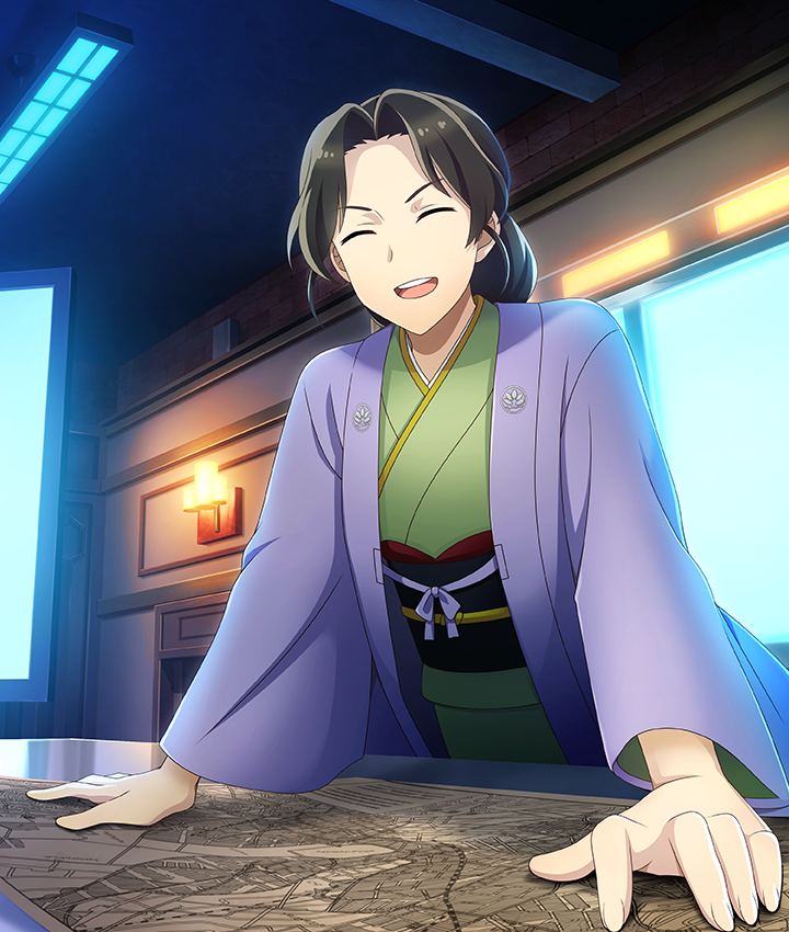 1girl, black_hair, black_sash, ceiling_light, closed_eyes, facing_viewer, forehead, game_cg