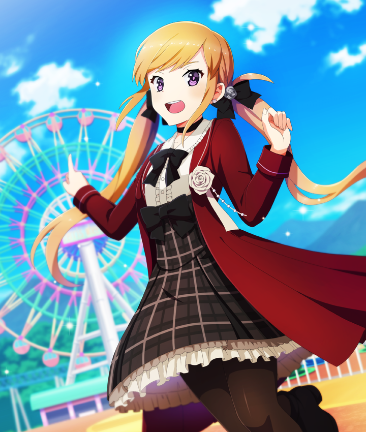 1girl, amusement_park, black_bow, black_bowtie, black_pantyhose, black_shoes, black_skirt, blue_sky
