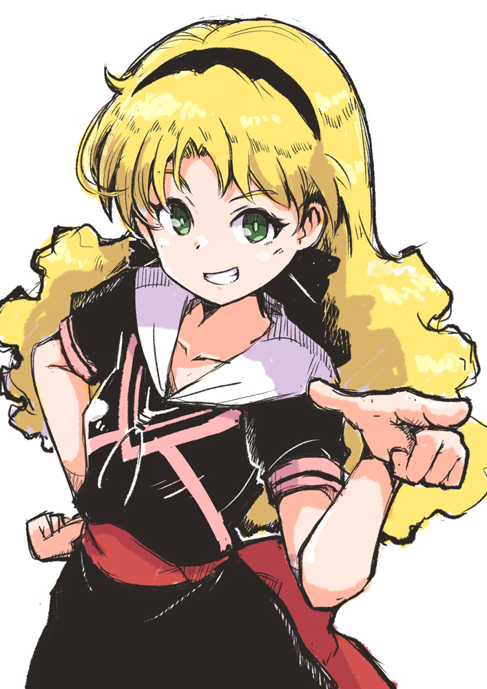 1girl, back_bow, black_hairband, black_shirt, black_skirt, blonde_hair, bow, commentary_request