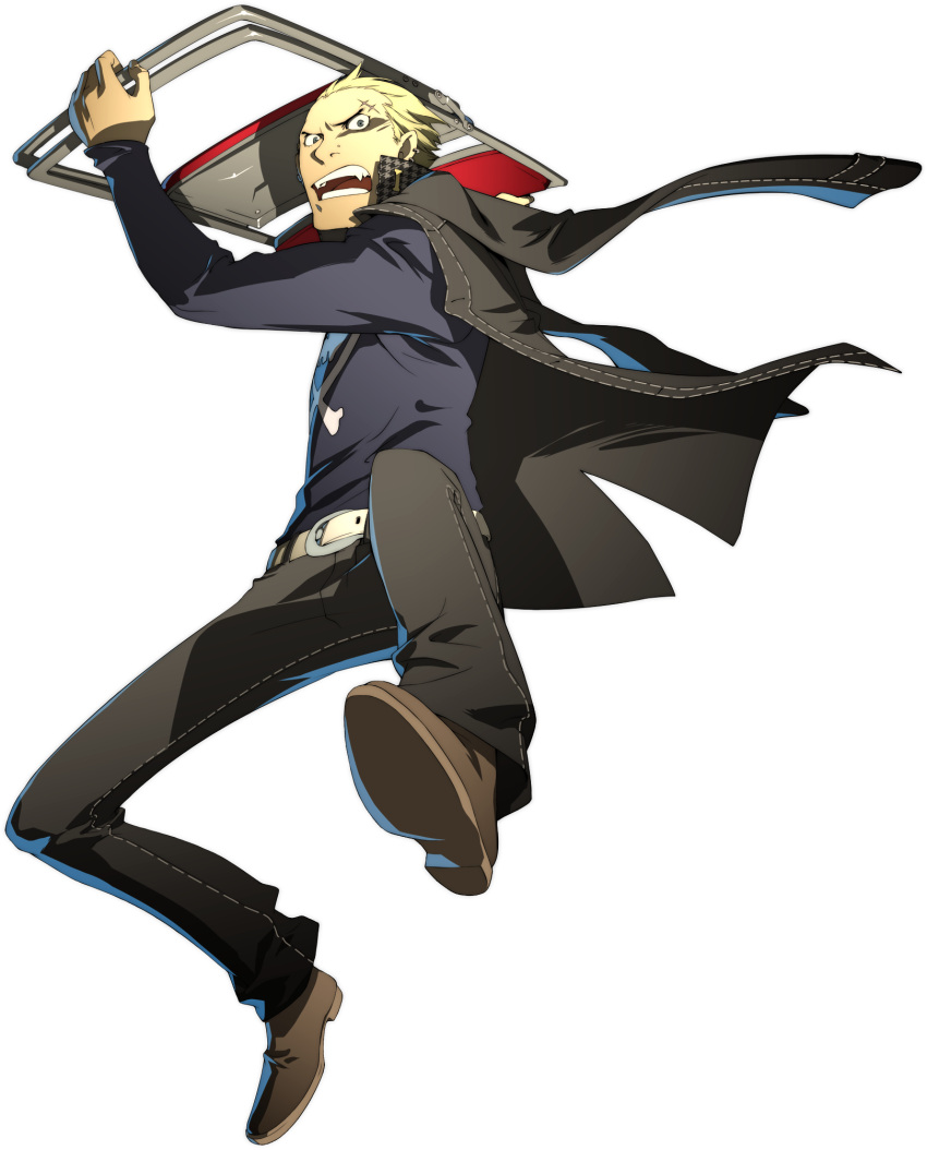 1boy, angry, belt, black_eyes, blonde_hair, chair, delinquent, ear_piercing